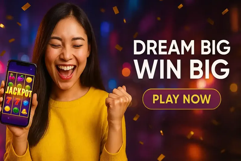 Excited woman celebrating jackpot win on mobile slot machine game with confetti background