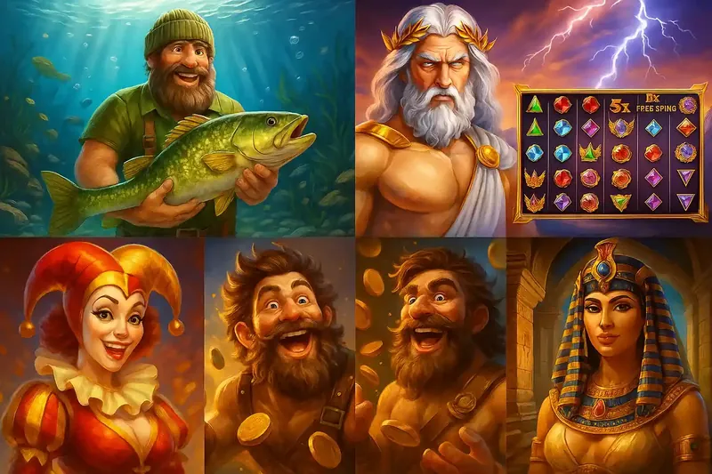 Collection of diverse themed slot games including fishing adventure mythology and Egyptian themes